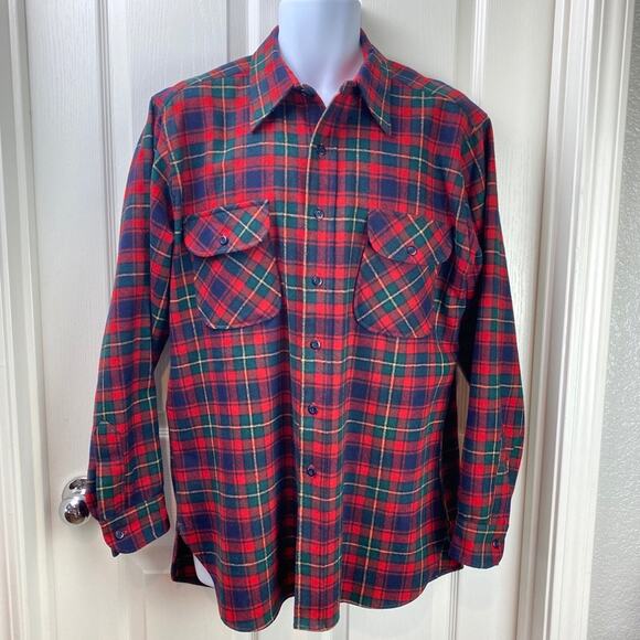 Vintage 60's 70's Pendleton Wool Plaid Long Sleeve Red Green L - Picture 1 of 4